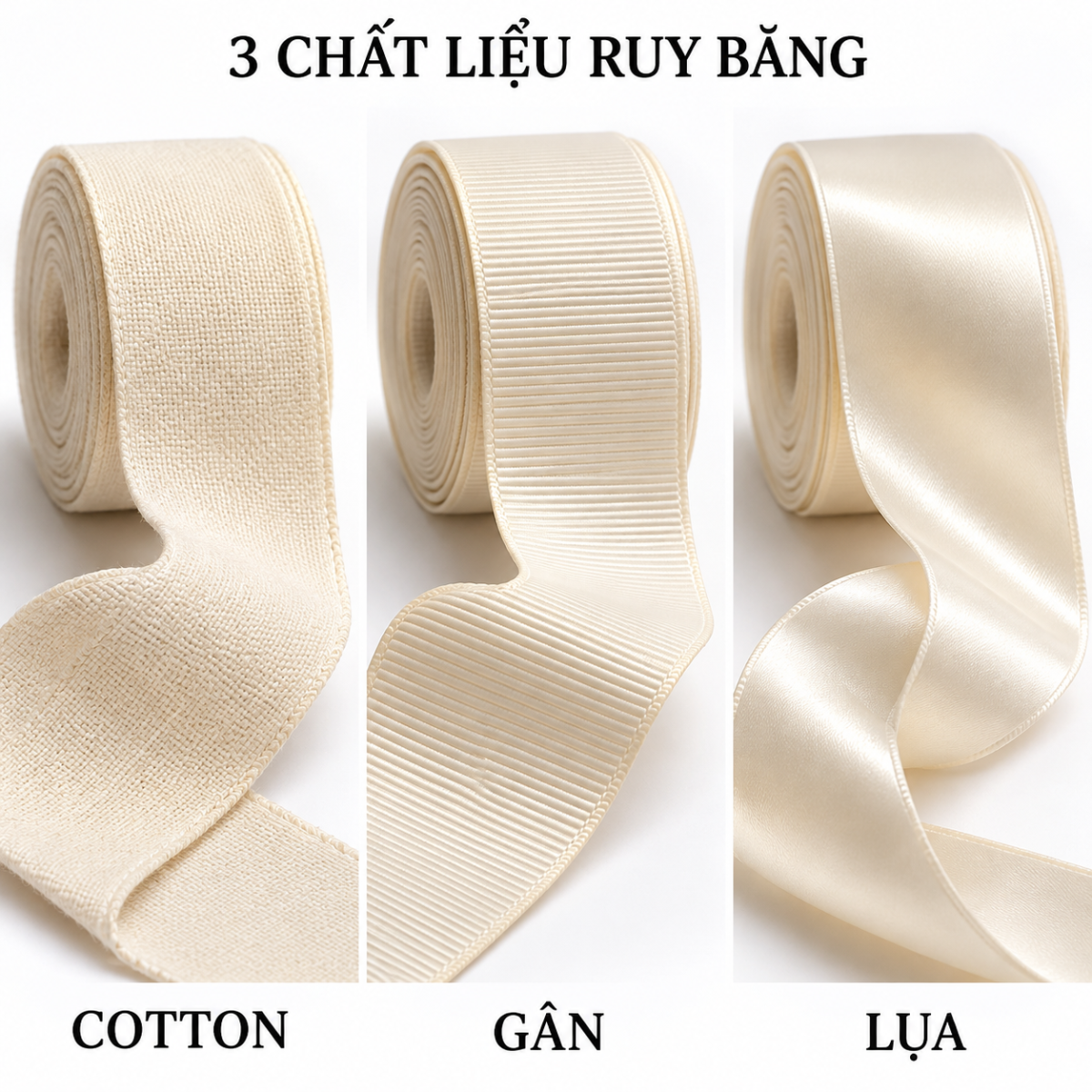 Ba chất liệu phổ biến: satin bóng mịn, gân cứng cáp, cotton mộc mạc.